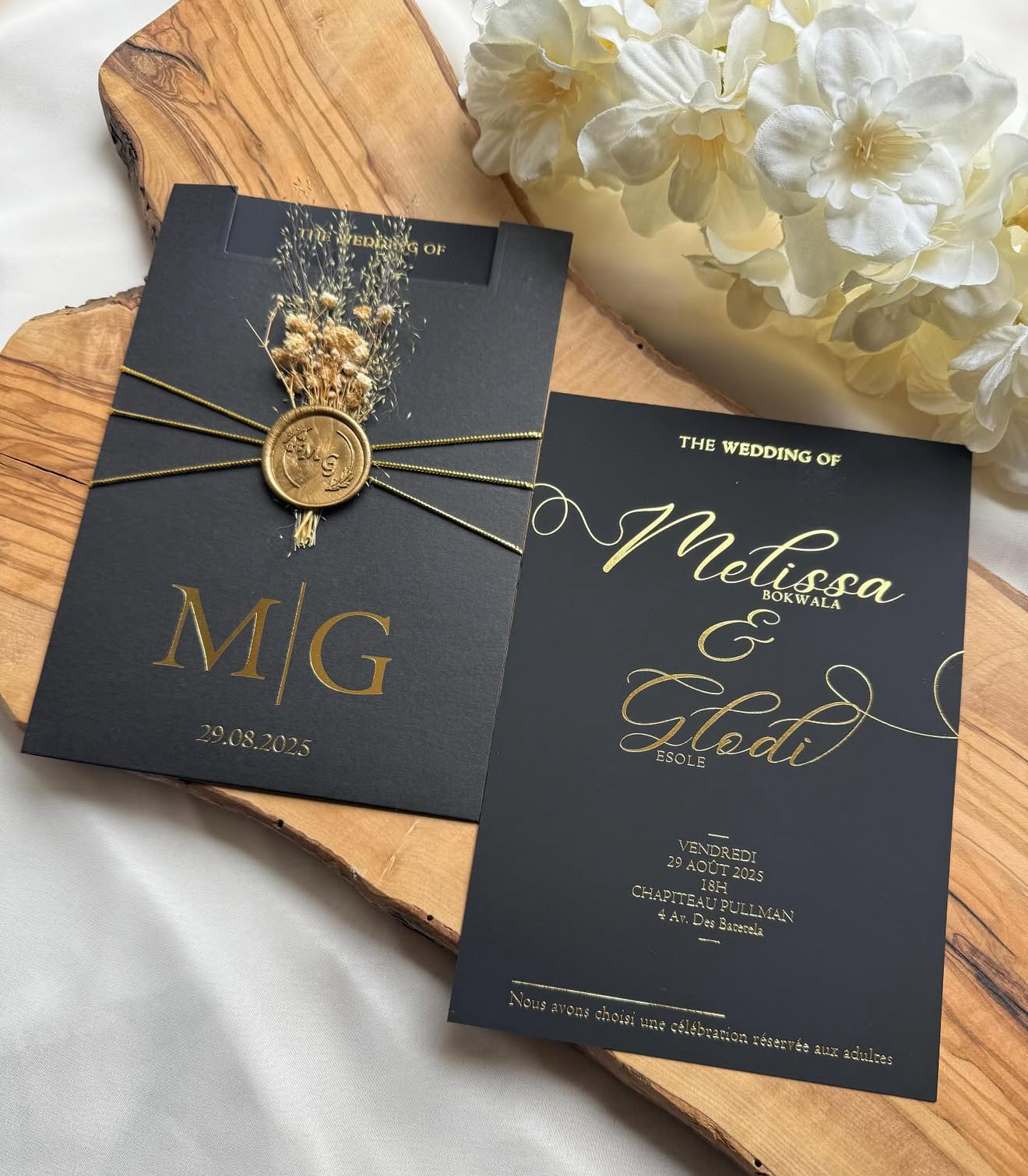 Faire-part "Black Tie Botanique" - Noir Mat et Dorure Scintillante