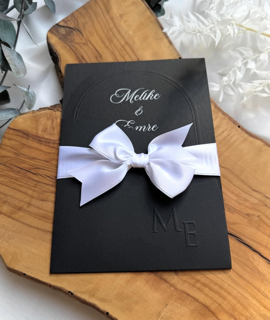 Faire-part de Mariage "Black Prestige" - Format Arche & Nœud Satin Blanc