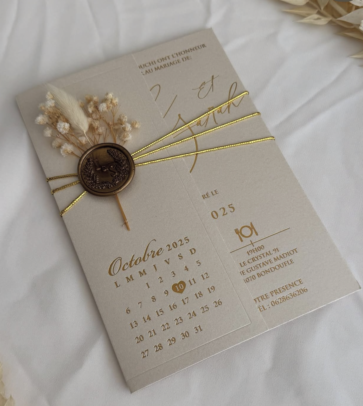 Faire-part "Date de Cœur Bohème" - Sceau de Cire et Ruban Mousseline