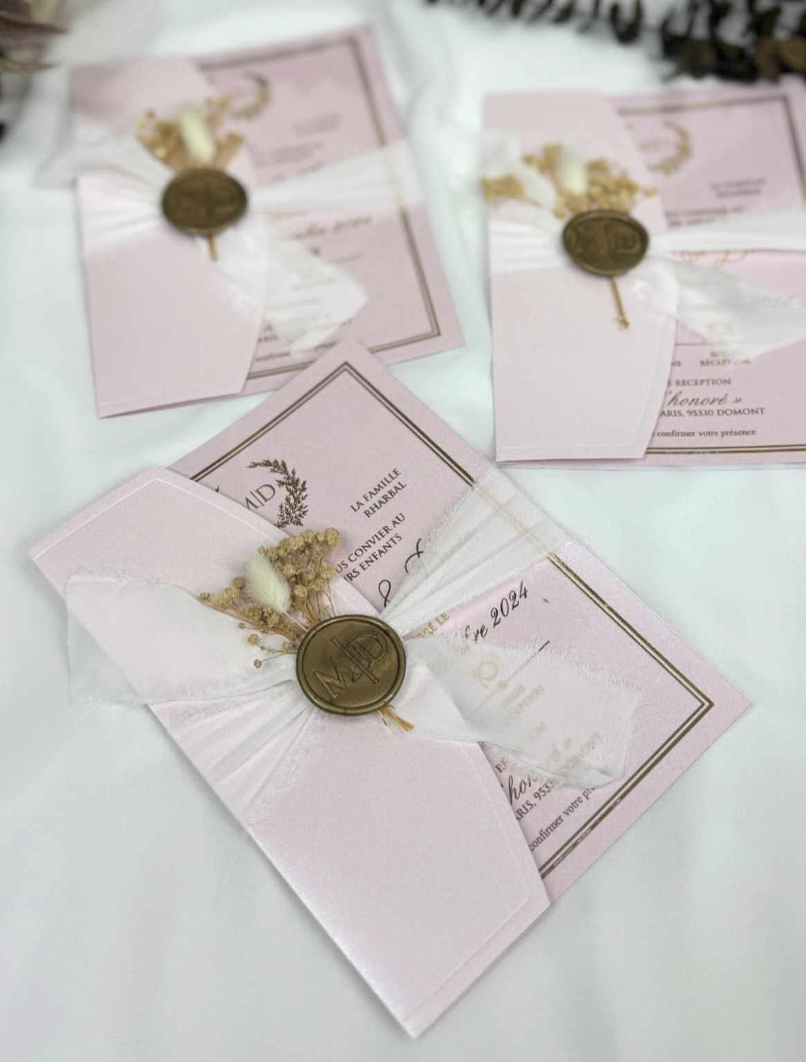 Faire-part de Mariage Transparent Rose Poudré - Sceau de Cire Botanique