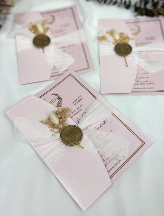 Faire-part de Mariage Transparent Rose Poudré - Sceau de Cire Botanique