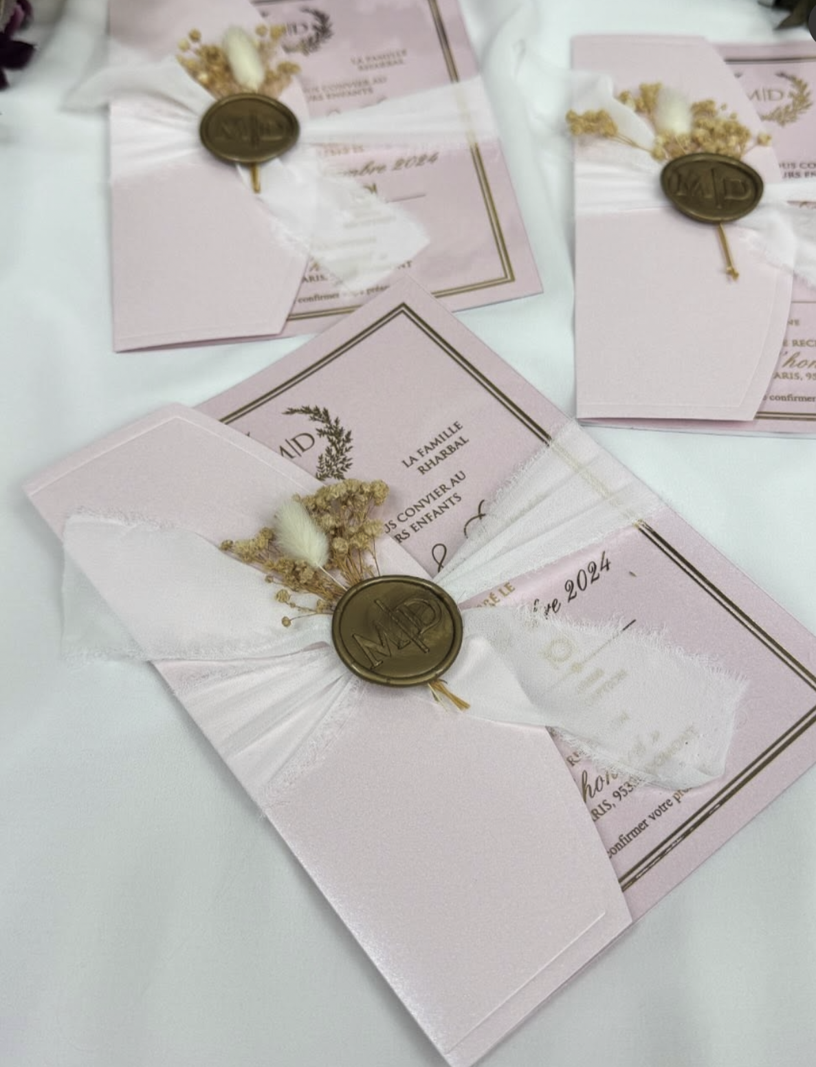 Faire-part de Mariage Transparent Rose Poudré - Sceau de Cire Botanique