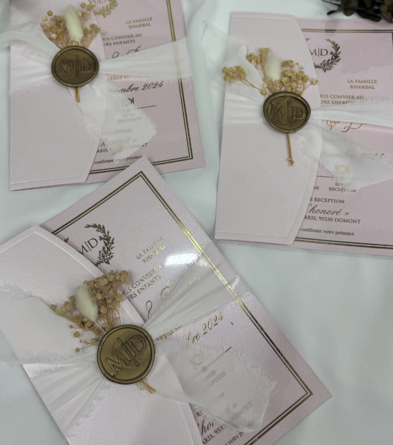 Faire-part de Mariage Transparent Rose Poudré - Sceau de Cire Botanique