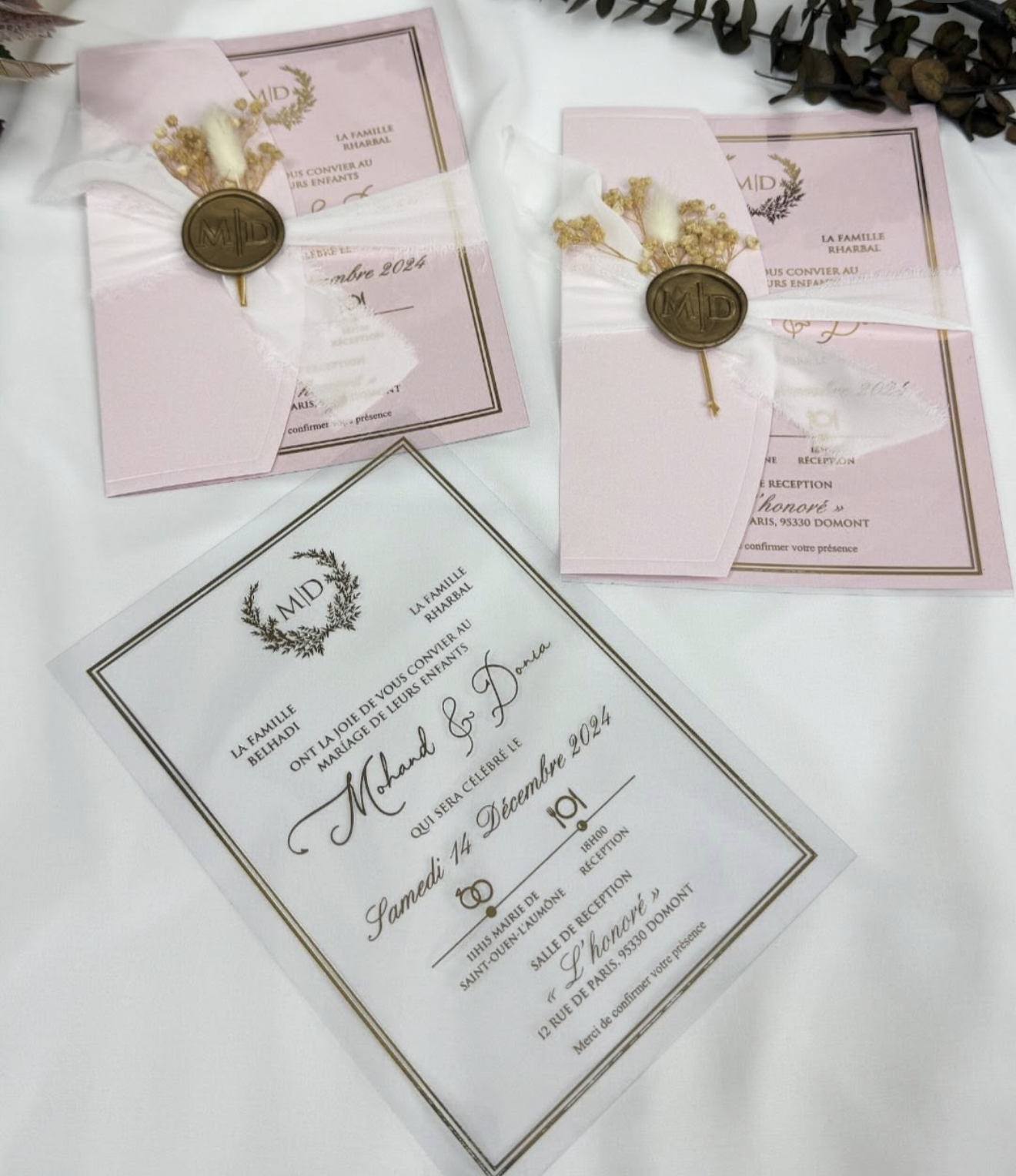 Faire-part de Mariage Transparent Rose Poudré - Sceau de Cire Botanique