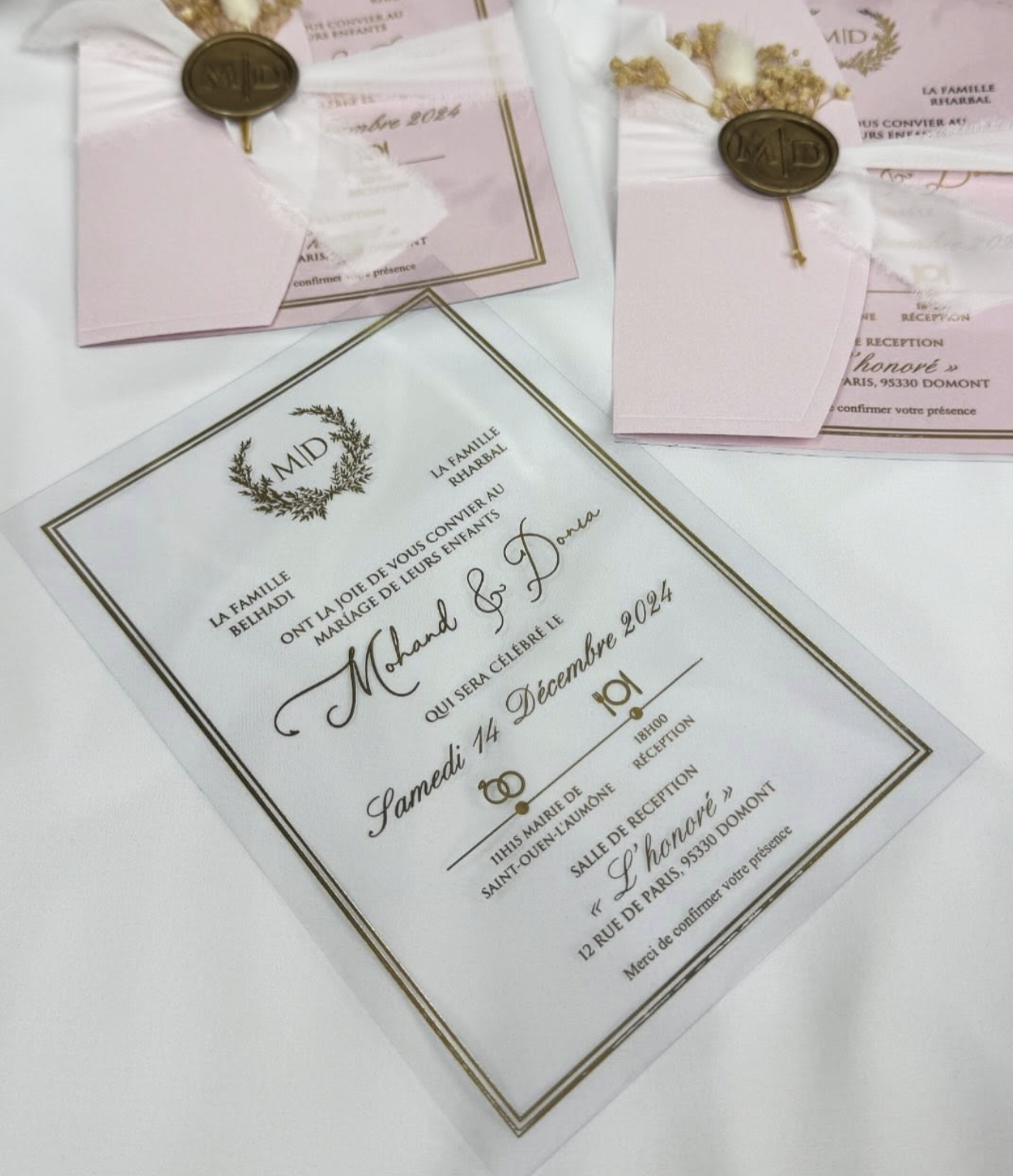 Faire-part de Mariage Transparent Rose Poudré - Sceau de Cire Botanique