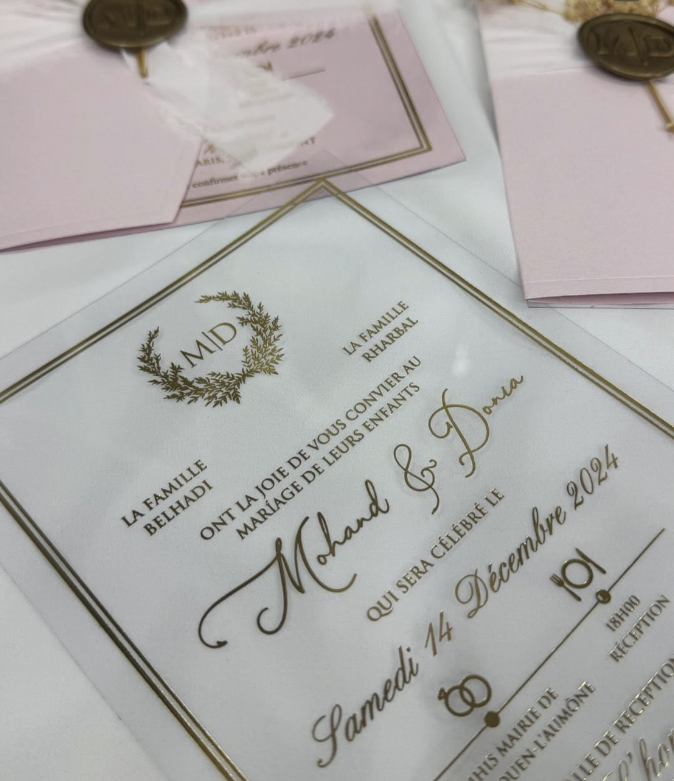 Faire-part de Mariage Transparent Rose Poudré - Sceau de Cire Botanique