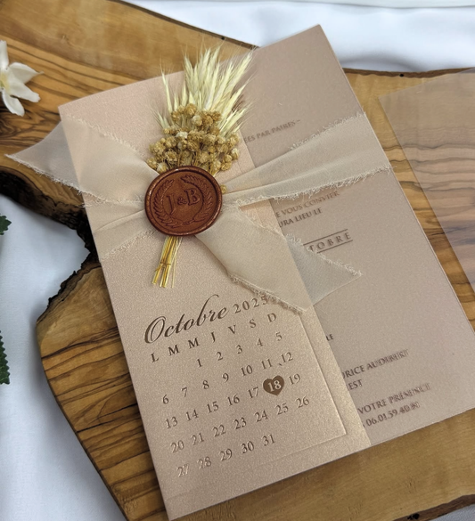 Faire-part "Chaleur Nude" - Nude Gaufré et Sceau de Cire Cuivré