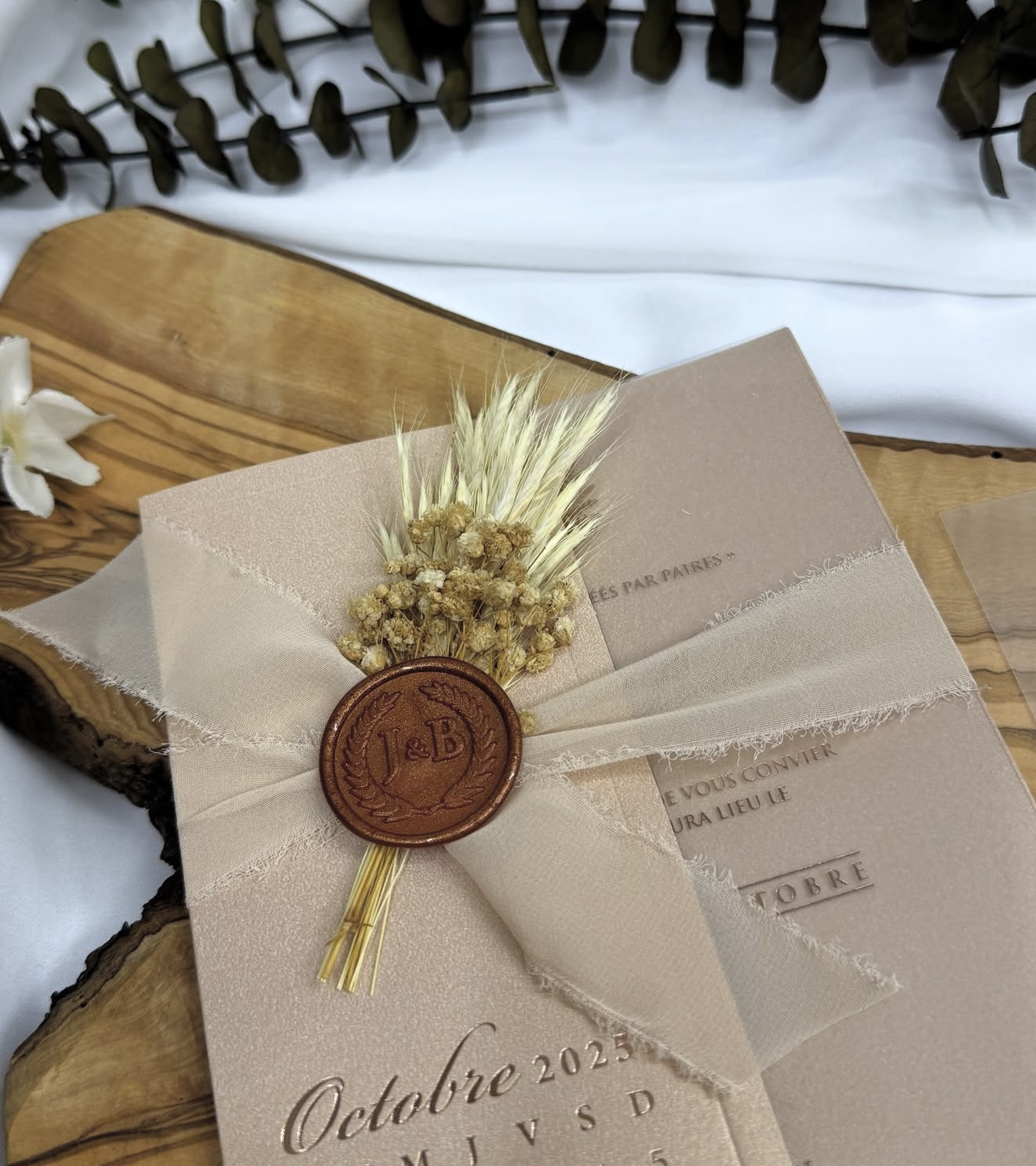 Faire-part "Chaleur Nude" - Nude Gaufré et Sceau de Cire Cuivré