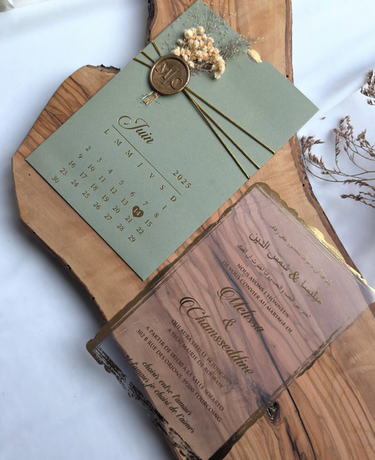 Faire-part "Sous l'Olivier" - Vert Sauge et Finitions Botaniques Dorées