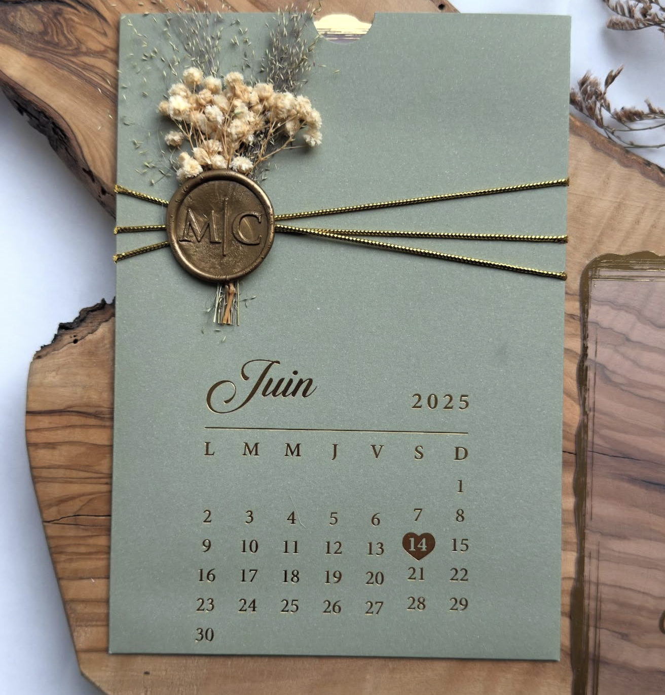 Faire-part "Sous l'Olivier" - Vert Sauge et Finitions Botaniques Dorées