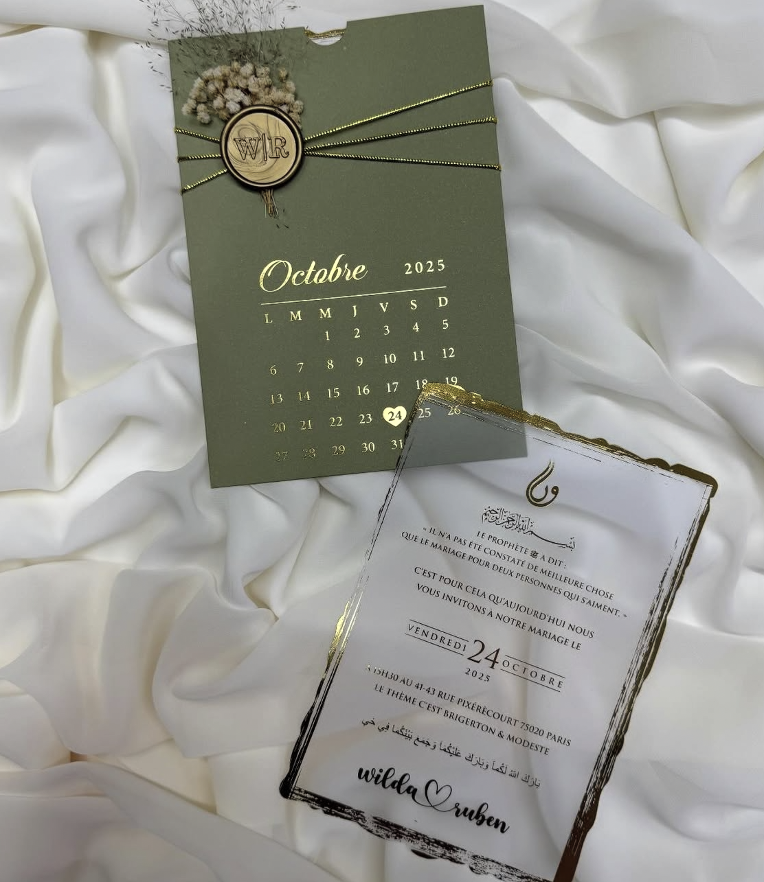 Faire-part "Trésor Émeraude" - Carte Transparente et Écrin Vert Bordé d'Or