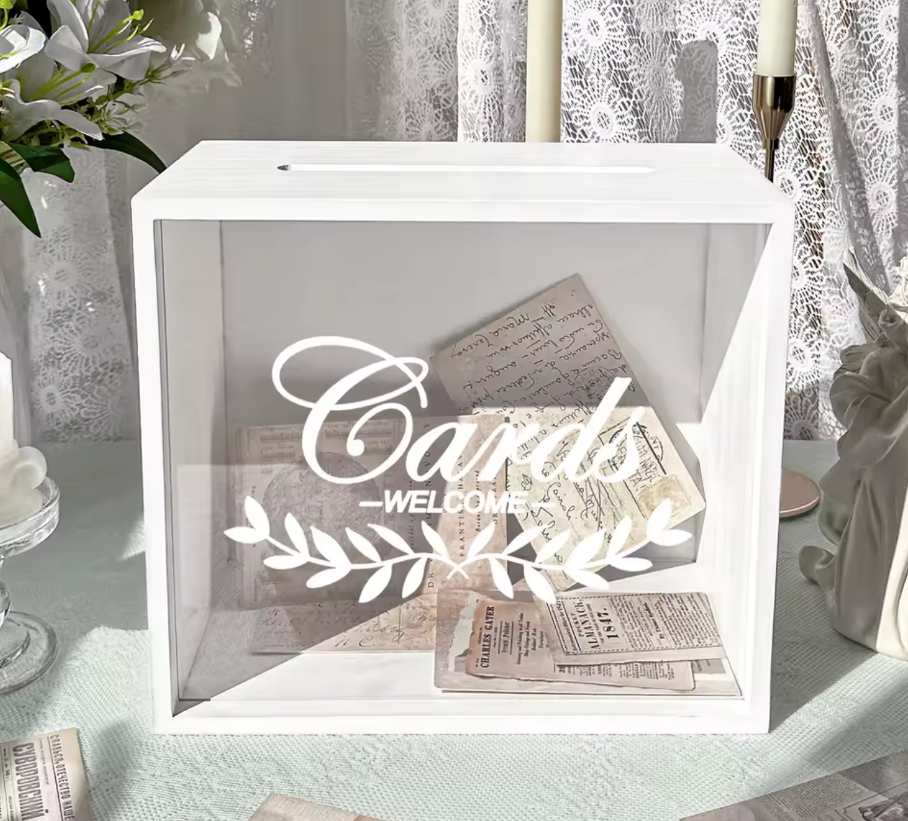Urne de Mariage Blanche – Face Transparente & Étiquettes Personnalisables