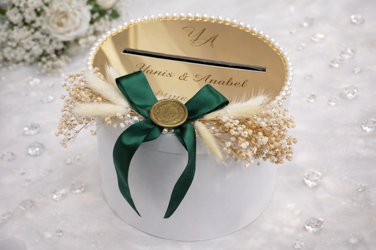 Urne de mariage blanche ronde avec couvercle miroir doré personnalisé – Élégante et raffinée